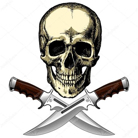 Cráneo Humano Pirata Con Dos Cuchillos Sobre Un Fondo En Blanco Stock