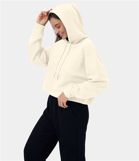 Womens Hooded Dropped Shoulder Drawstring Cropped Fleece Casual Hoodie