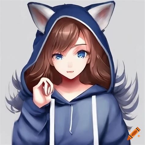 Cute Anime Fox Girl With Wavy Brown Hair And Blue Eyes In A Navy Hoodie