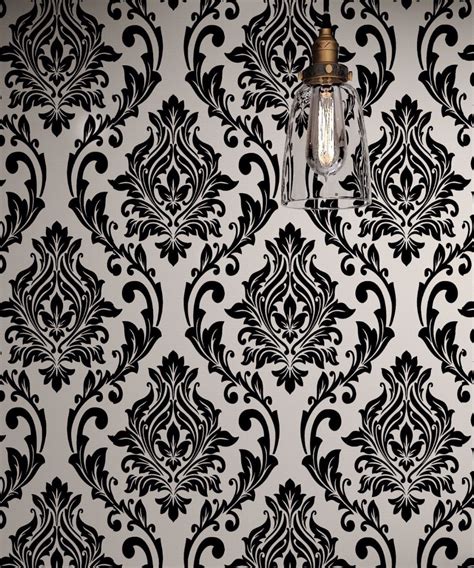 Black And Gray Damask Wallpaper Rolls Velvet Flocked