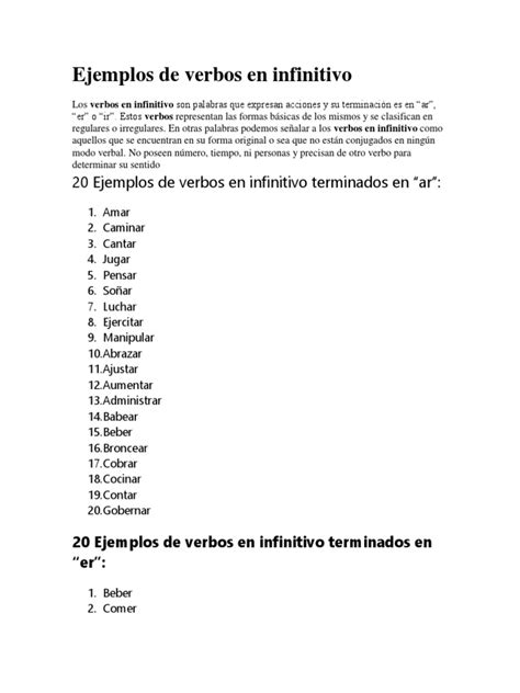 Ejemplos De Verbos En Infinitivo Pdf