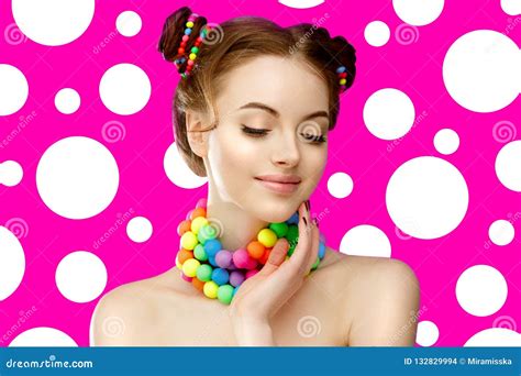 Bright Girl Model Holding Hands From Face Beautiful Stylish Y Stock