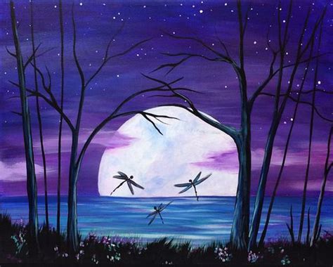 Full Moon Dragonflies Painting Gallery Painting Acrylic Painting Canvas