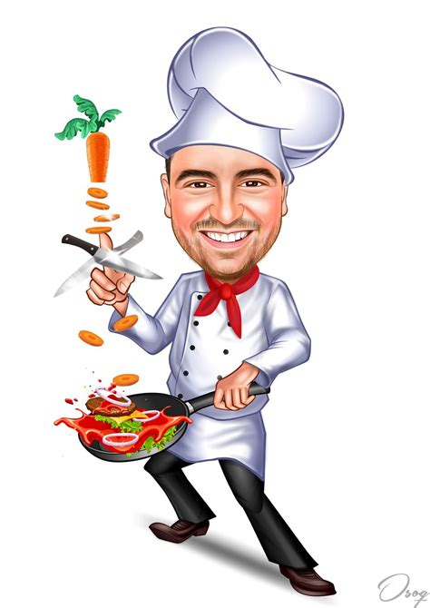 A Cartoon Chef Holding A Pan With Food On It And A Knife In His Hand