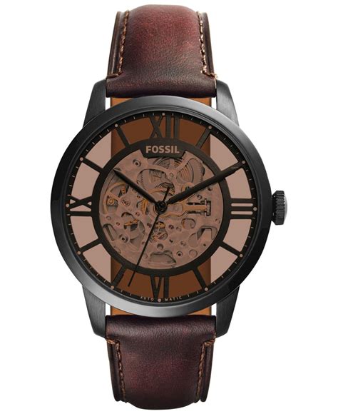 Fossil Mens Automatic Townsman Dark Brown Leather Strap Watch 44mm