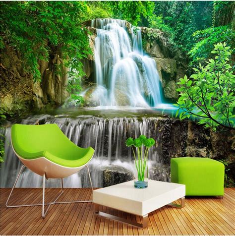 Custom Wall Mural Photo Wall Paper 3d Green Forest Waterfall Natural