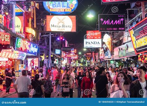 Crowd Of People Enjoy Night Life At Walking Street In Pattaya Thailand