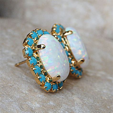 Turquoise And Opal Gold Earrings Oval Fire Opal Stud Earrings