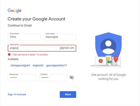 Enter all the information that you're asked to enter. Account taken but doesn't exist - Google Account Community