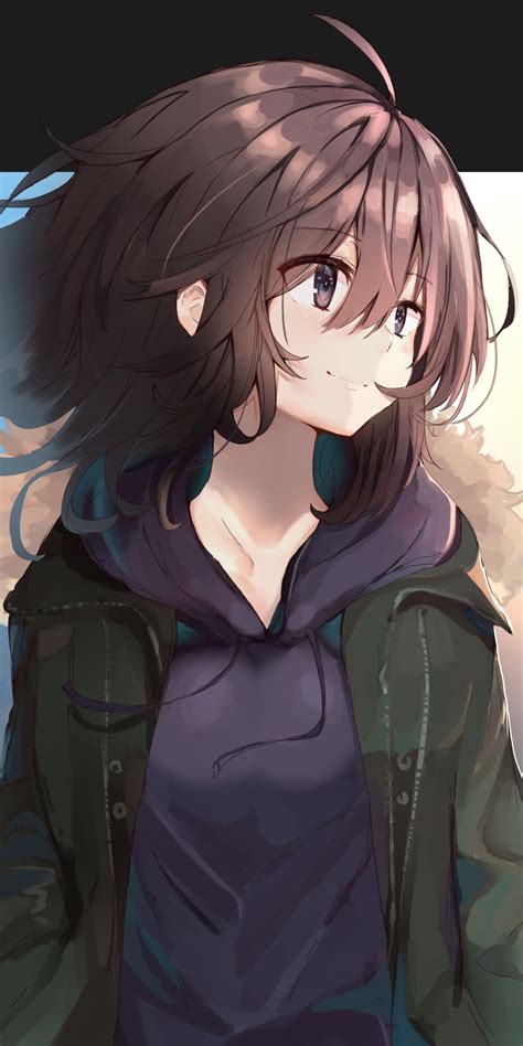 Wallpaper Smiling Brown Hair Anime Girl Looking Away Resolution