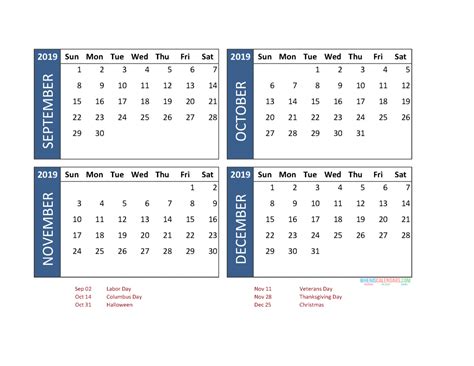 Printable 4 Month Calendar 2019 September October November December