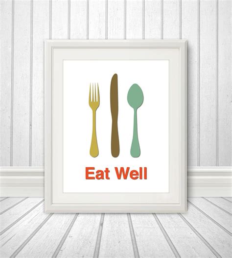 eat well fork knife spoon print poster wall art mid century etsy