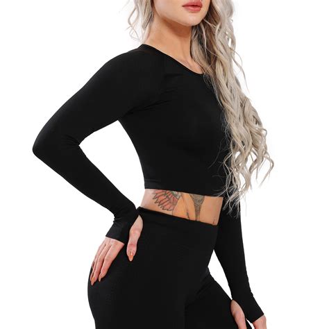 seasum women seamless long sleeve crop tops yoga workout shirts cool dry athletic clothes black