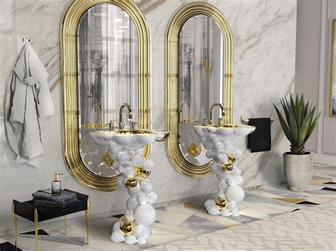 Extremelly Luxurious White Bathroom With Golden Accents And Marbled