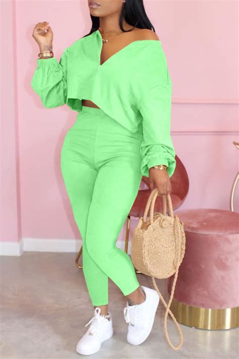 lovely casual zipper design green two piece pants setlw fashion online for women affordable