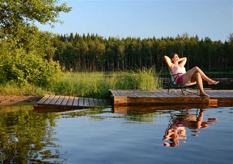 Woman Swimming In Lake Stock Image Image Of Bank Pretty 12865303