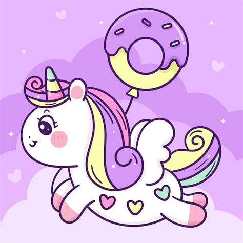 Unicornio De Dibujos Animados Con Globo Donut Lindo Pony En Cielo