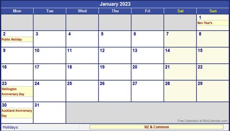 January 2023 New Zealand Calendar With Holidays For Printing Image Format
