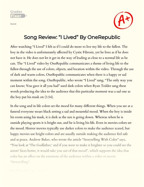 Song Review I Lived By Onerepublic Essay Example 1082 Words