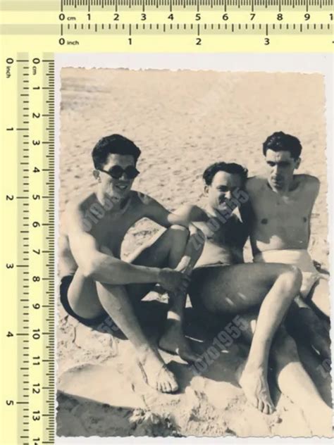 Three Handsome Shirtless Guys Beach Men Males Laying Closeness Vintage