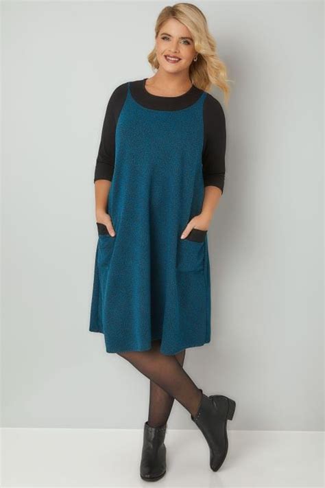 Turquoise Textured Mock Pinafore Dress With Two Pockets