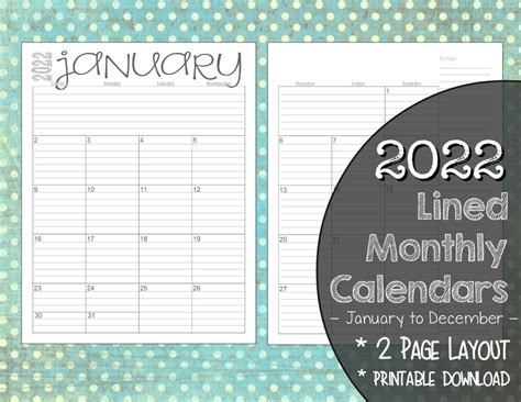 2022 monthly 2 page lined calendars 85x11 jan dec etsy