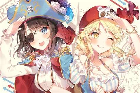 2girls Bang Dream Blonde Hair Blue Eyes Blush Braids Breasts Cleavage Eyepatch Flowers Hat Long