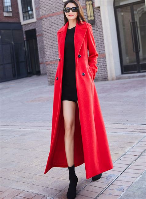 Red Wool Coat Long Wool Coat Double Breasted Wool Coat Etsy