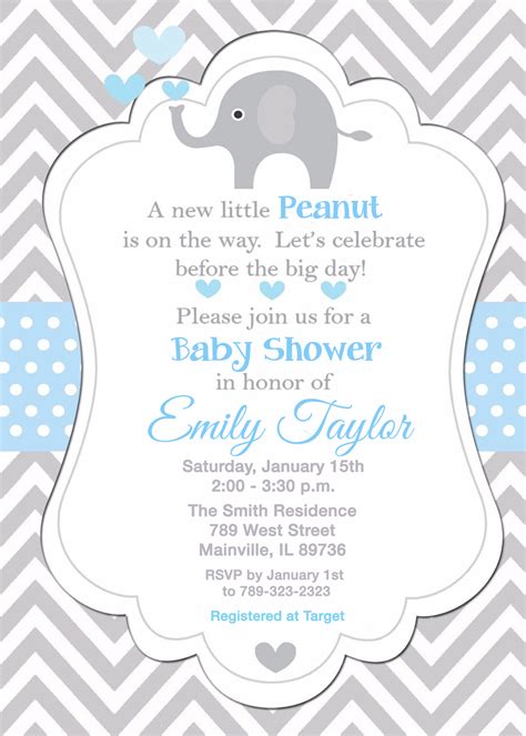 Elephant Baby Shower Invitation Blue Boy Elephant Baby Party