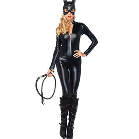2017 new arrival adult costume cat women zipper leather jumpsuit night prowler sexy catwoman