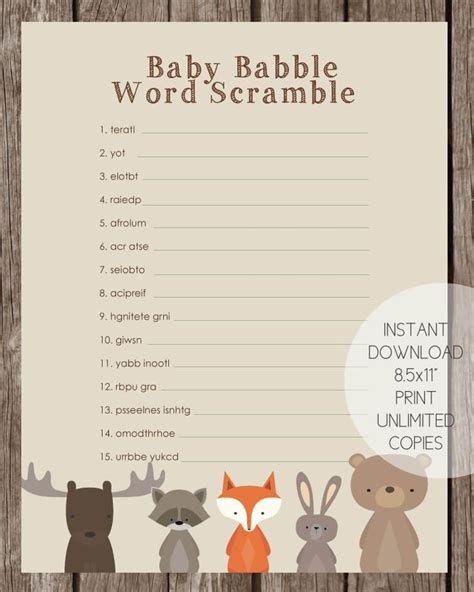 Woodland Animals Baby Babble Word Scramble Game Baby Shower Game Print It Baby