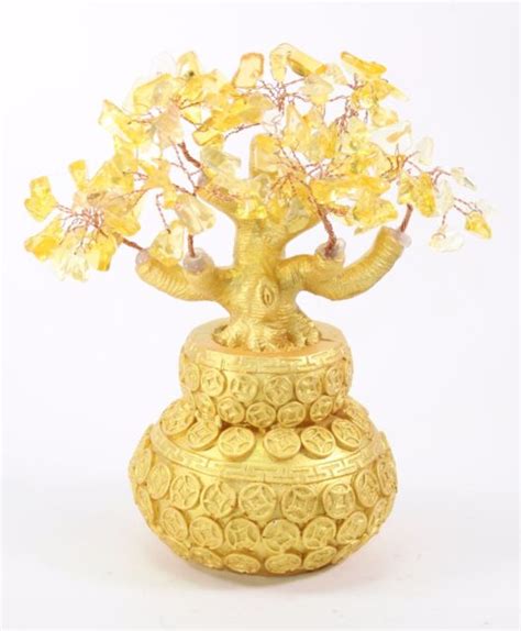 7 Feng Shui Yellow Crystal Money Tree Gold Coins Pot Lucky For Wealth