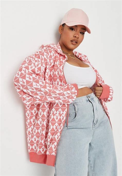 Missguided Playboy X Plus Size Pink All Over Print Zip Oversized Hoodie