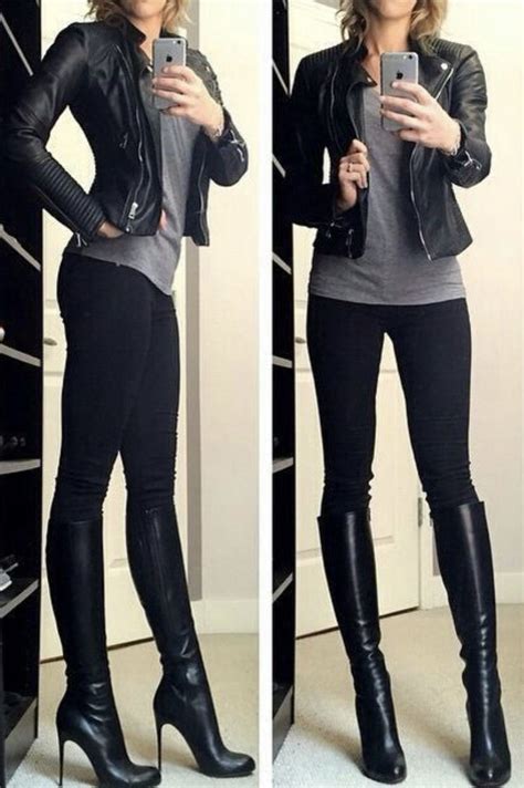 Motorcycle Jacket Heeled Boots Outfits With Leggings Women Leggings
