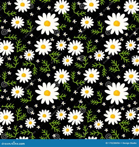 Daisy Seamless Pattern On Black Background Floral Ditsy Print With