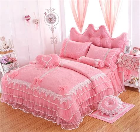 Winlife Pink Lace Ruffle Bedding Set Korean Princess Bowknot Duvet
