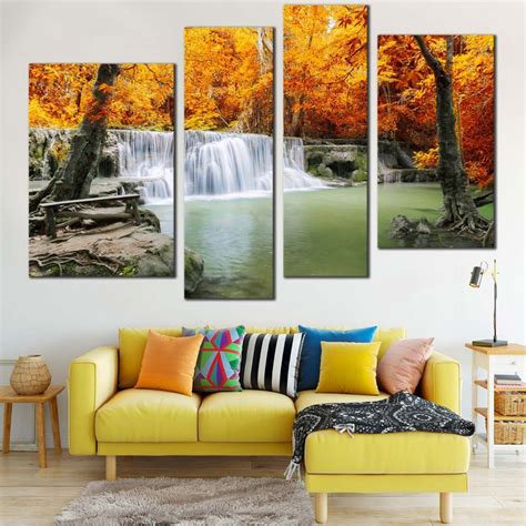 Autumn Forest Canvas Print Orange Forest Waterfall 5 Piece Canvas Wal