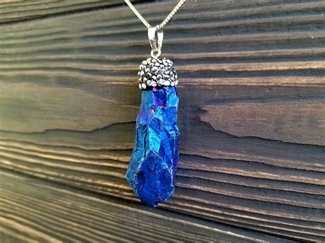 Titanium Blue Quartz Crystal Necklace Raw Stone Necklace Blue