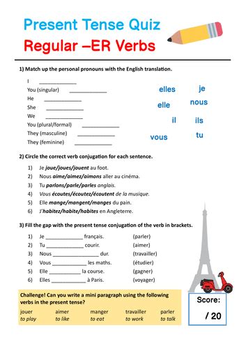 French Present Tense Regular Er Verbs Quiz Teaching Resources