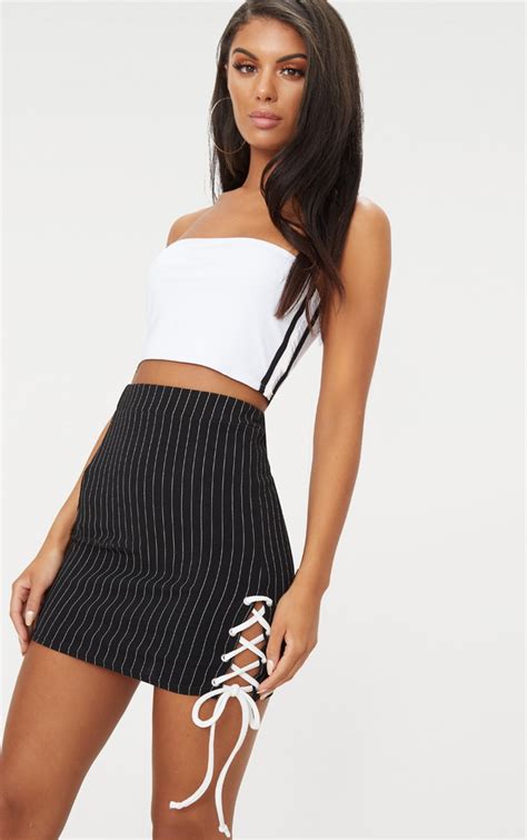 black lace up detail pinstripe skirt skirts prettylittlething ca
