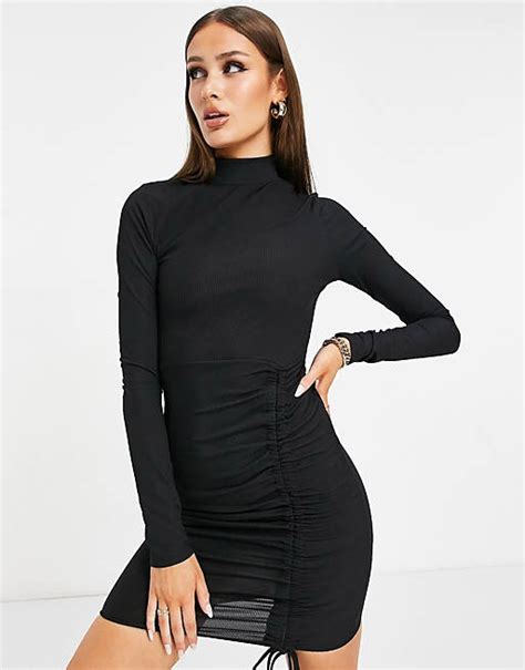 Missguided High Neck Mini Dress With Ruched Front In Black Asos