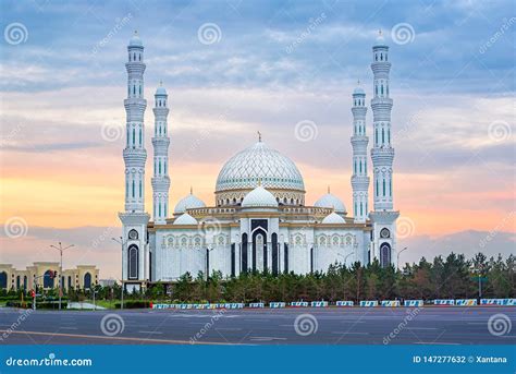 Astana Kasakhstan Beautiful White Hazrat Sultan Mosque On Sunset