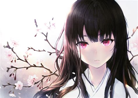 Download 1600x2560 Anime Girl Black Hair Pink Eyes Kimono Cherry