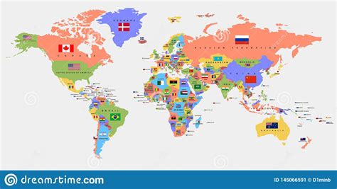Color World Map With The Names Of Countries And Flags Political Map