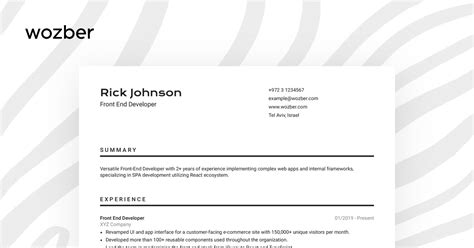 This superb web developer resume shows you how to put together a document that will maximise your chances of getting invited to interviews. Front End Developer Resume Example