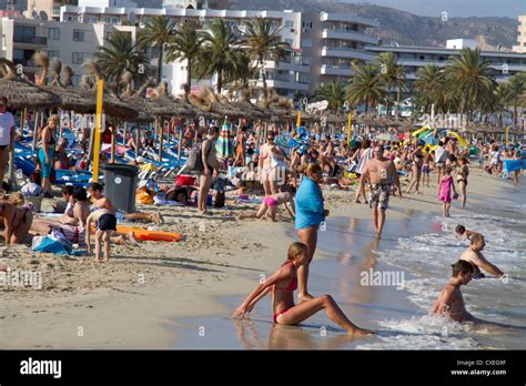 Crowded Beach Of Magaluf Mallorca Balearic Spain Stock Photo Alamy