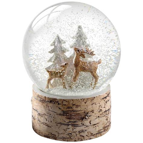 Deer And Fawn With Birch Base Snow Globe Christmas Decoration Multi