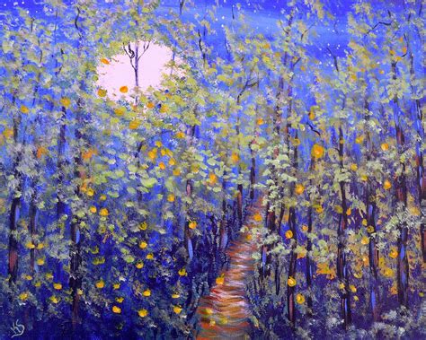 Fireflies Moonlight Forest Painting By Kathy Symonds Fine Art America