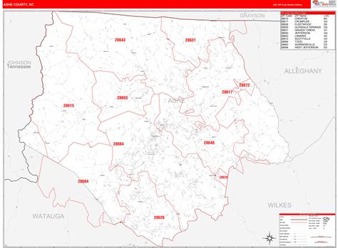 Ashe County Nc Zip Code Wall Map Red Line Style By Marketmaps