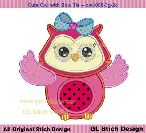 Cute Owl With Bow Tie Machine Embroidery Applique Design Red Girl Owl 3 Sizes Stitch Pattern